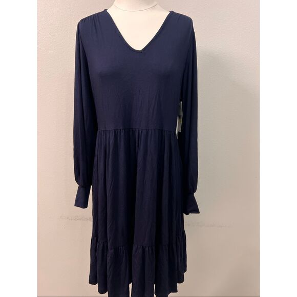 NWT Karen Kane V-Neck Tiered Long Sleeve Fit & Flare Dress Navy Blue Medium